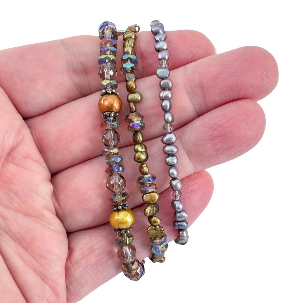 Vintage Sterling Silver 925 Multi Strand Pearl Iridescent Glass Bracelet 7.25"